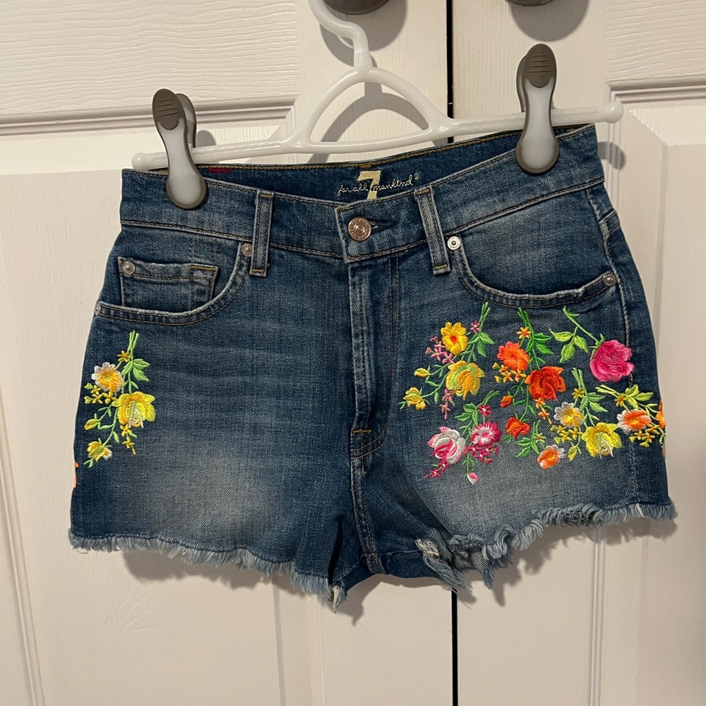 7 For All Mankind Dark Blue Denim Shorts with Multicolor Floral Embroidery